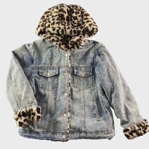 Leopard Trim Denim Jacket